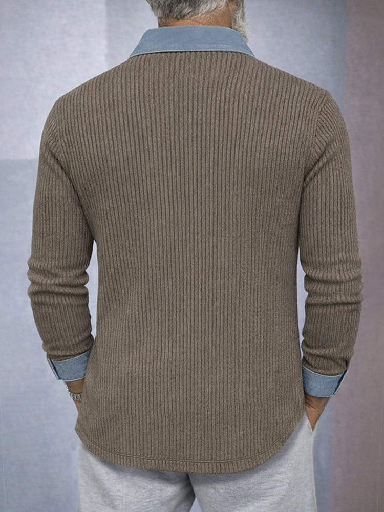 Casual Comfort Contrast Denim Panel Knit Shirt