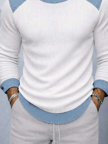 Casual Versatile Denim Patchwork Knit Top