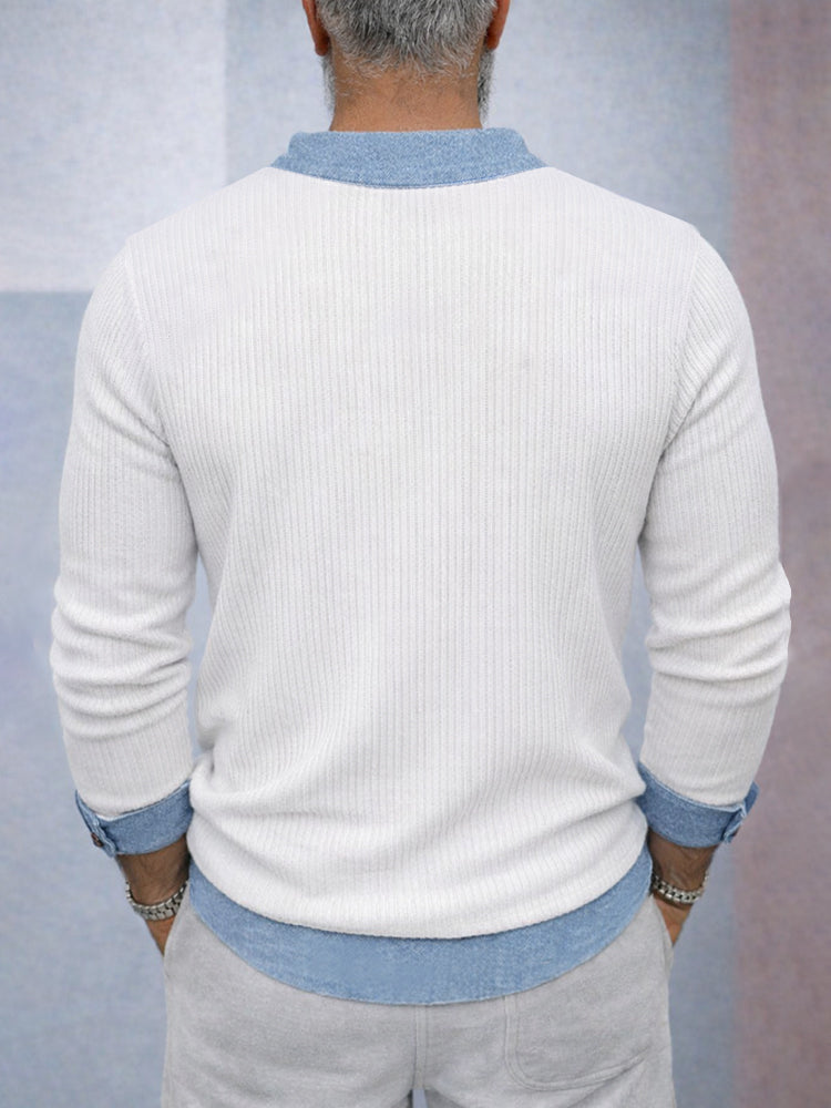 Casual Versatile Denim Patchwork Knit Top
