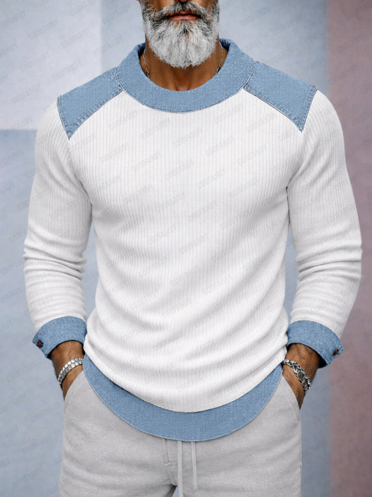 Casual Versatile Denim Patchwork Knit Top