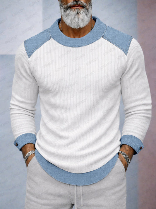 Casual Versatile Denim Patchwork Knit Top