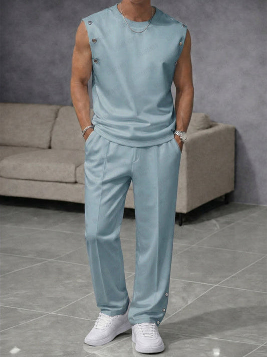 Casual Button Accent Tank Top Pants Set