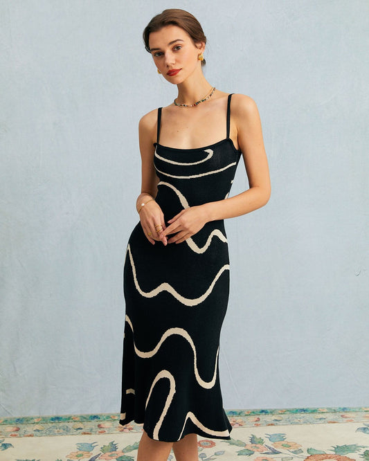 Luna - Vestido midi de punto negro con bajo sirena y ondas